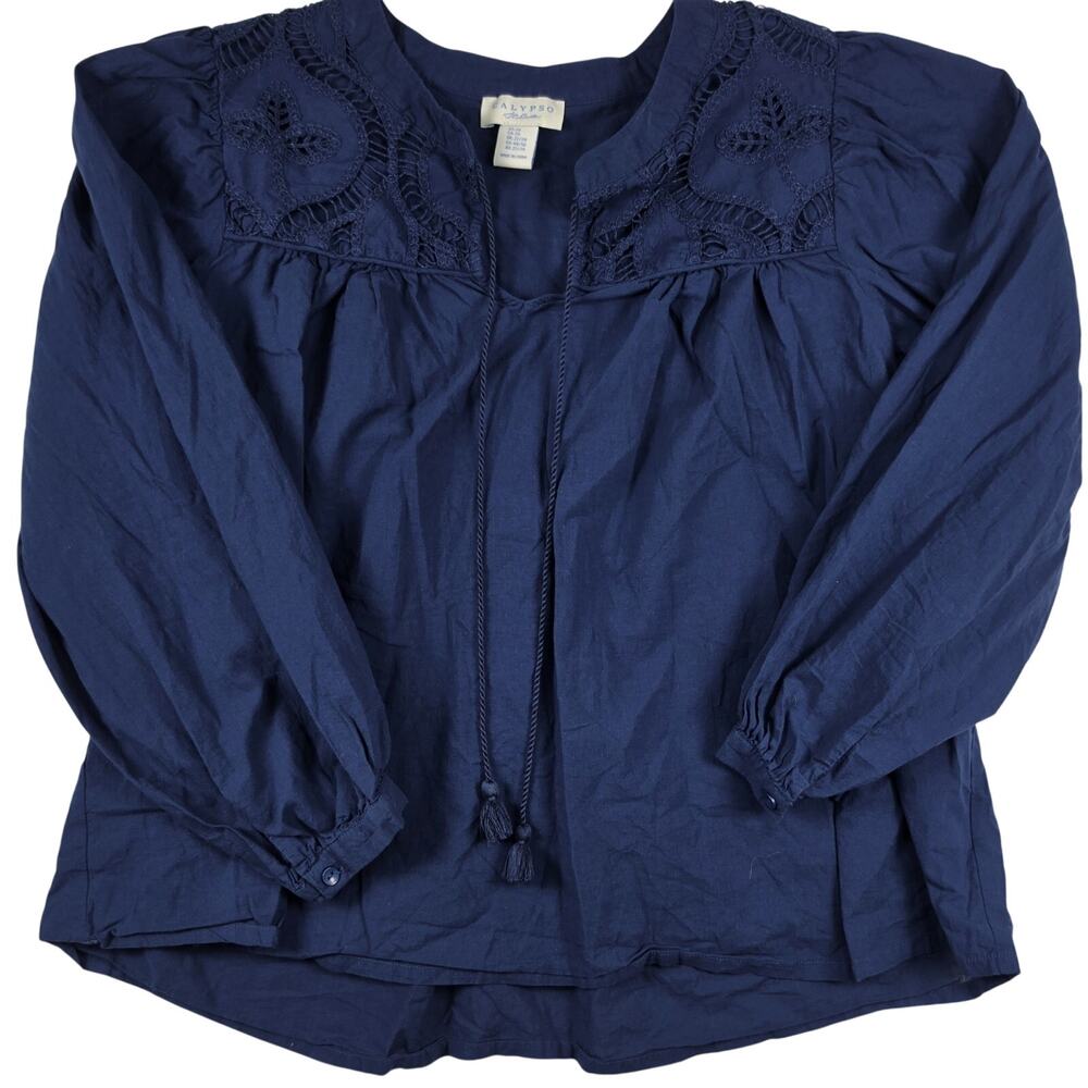 Calypso St. Barth Top 2XL Navy Blue Cotton L/S Shirt Boho Flowy Tassel